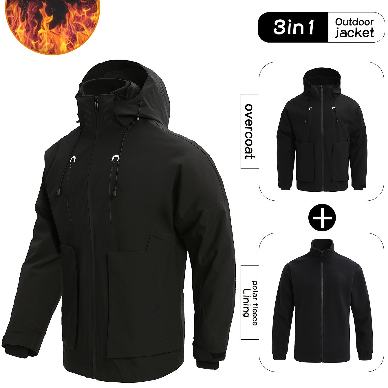 Men's 3 In 1 Outdoor Sports Hooded Jacket Waterproof Windproof Warm Hiking