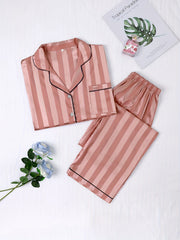 Striped Satin Pajama Set Long Sleeve Buttons Top & Elastic Waistband Pants