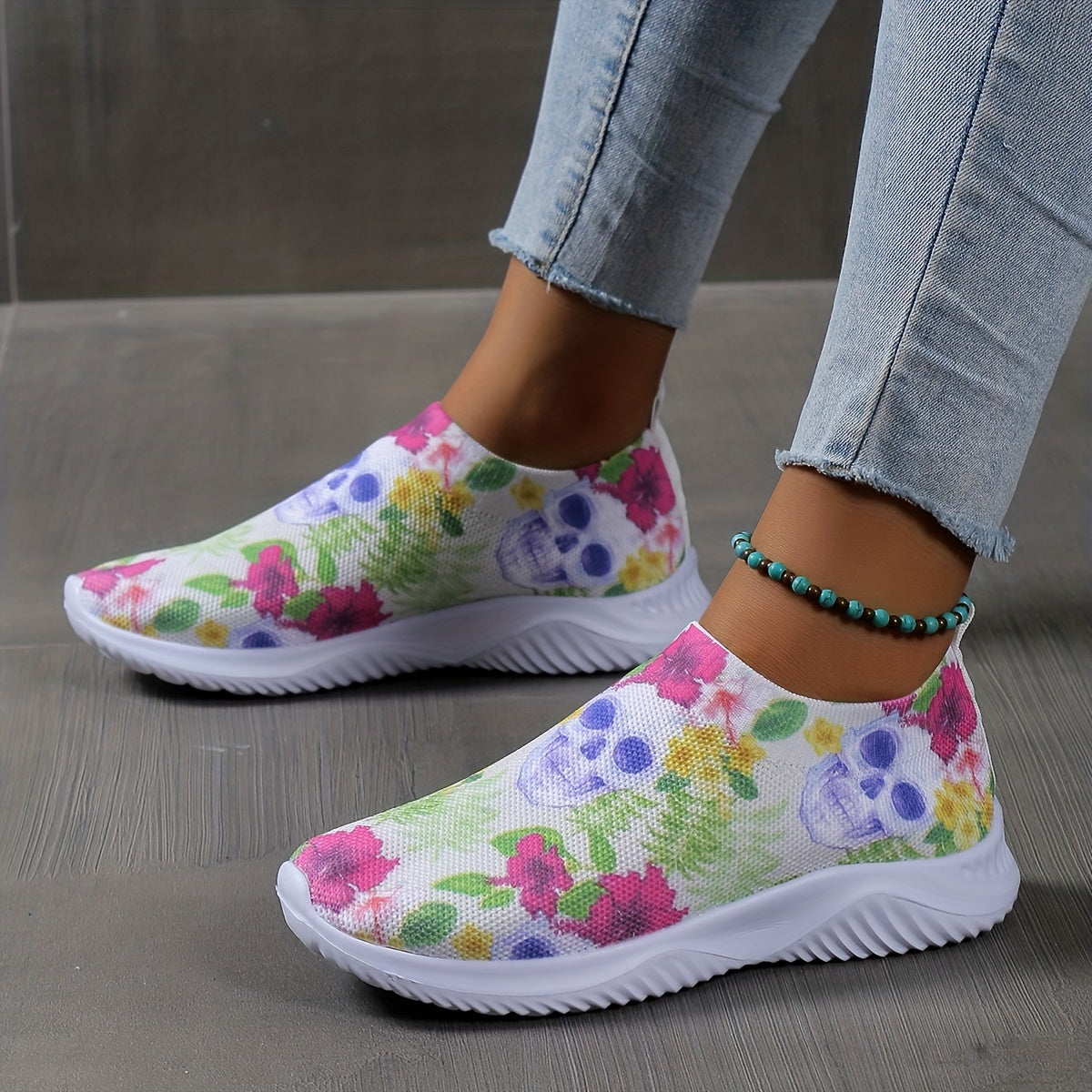 Women's Calavera Pattern Slip-On Low Round Toe Halloween Sneakers