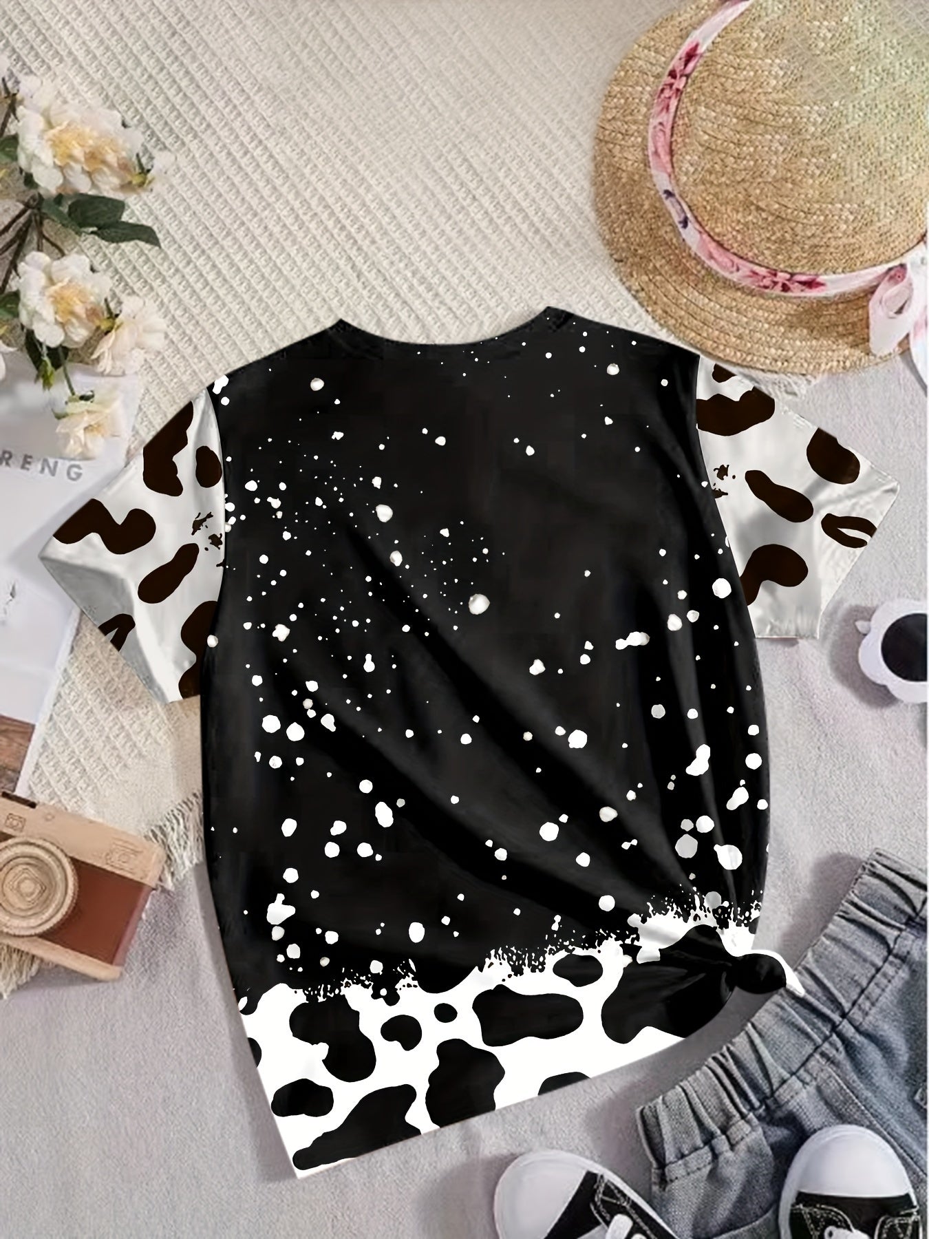 Girls Cow Print LOVE Print T shirt Western Style Tees Pullover Party Gift