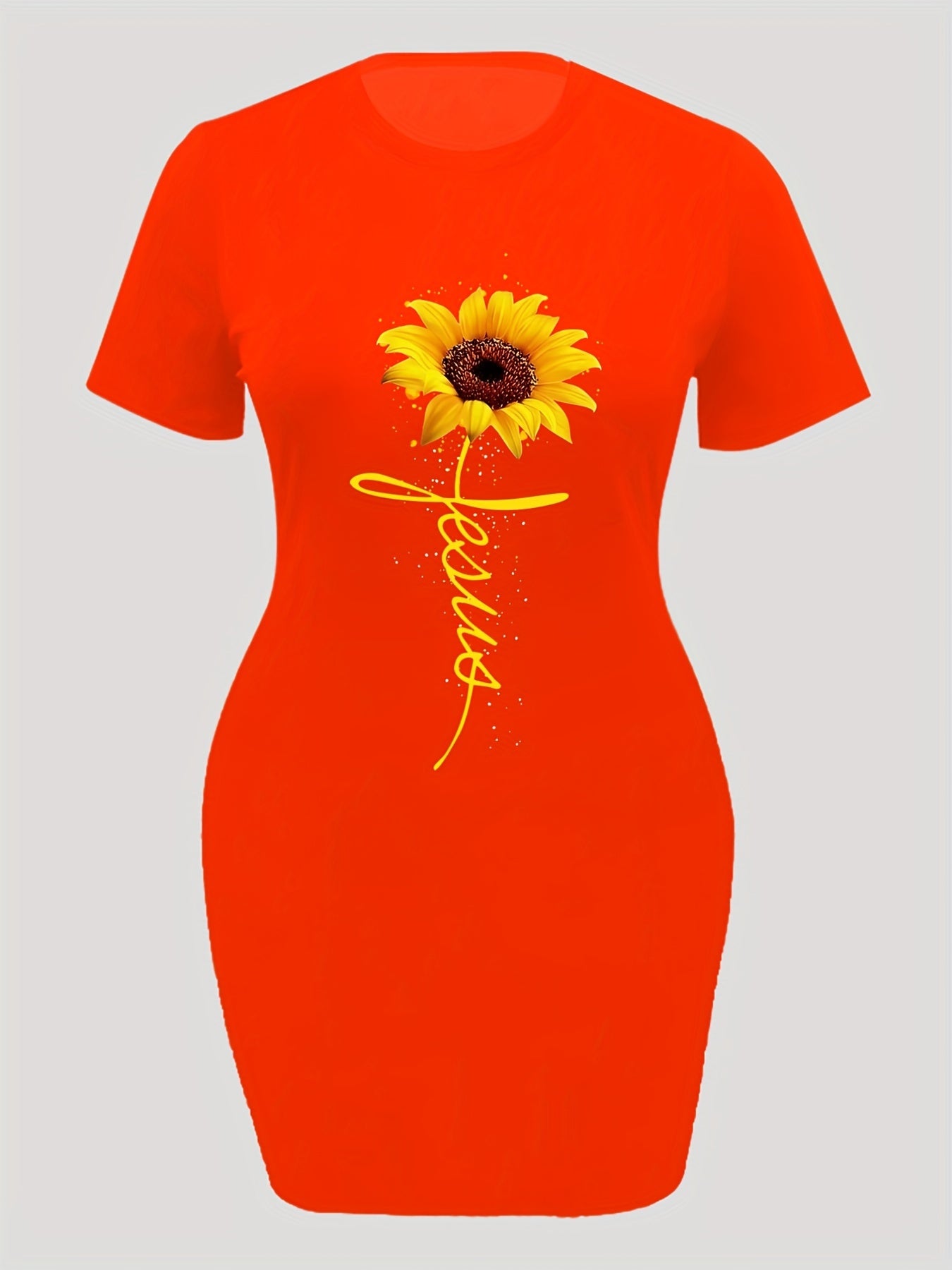 Women's Plus Sunflower & Letter Print Short Sleeve Round Neck Dress