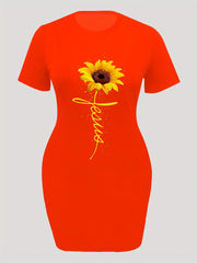 Women's Plus Sunflower & Letter Print Short Sleeve Round Neck Dress
