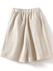 Vintage Knee Length Elastic Waist Shorts with Pockets