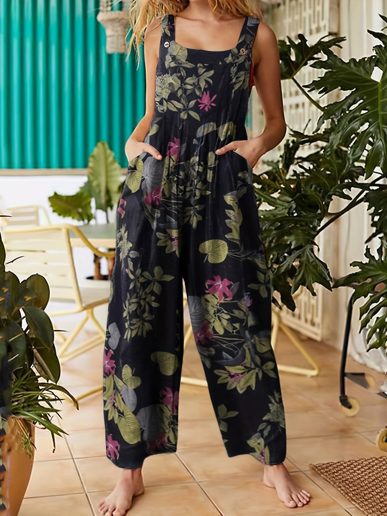 Floral Print Dual Pockets Overall Jumpsuit Casual Button Front Suspender Jumpsui