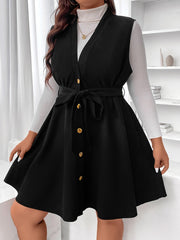 Solid Corduroy A-line Tank Dress With Belt