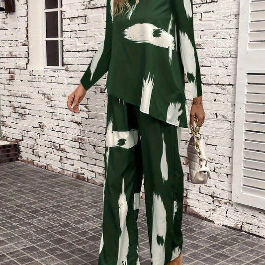 Brush Print Top & Wide Leg Pants 2 Piece Set