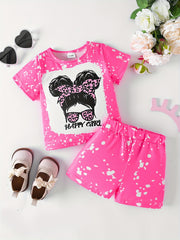 Tie Dye Cartoon Figure Print T shirt & Shorts 2pcs Set for Baby Girls