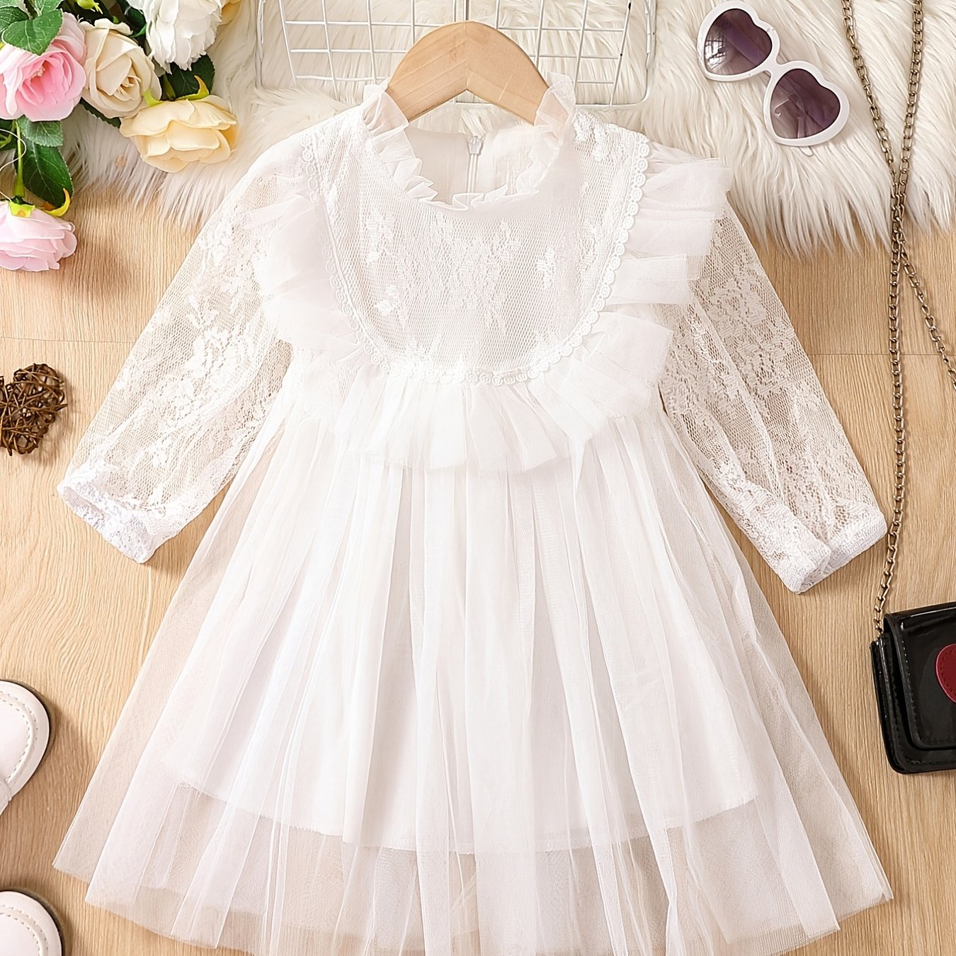 Lace Princess Dress For Toddler Girls Ruffle Collar Mesh Long Sleeve