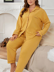 Pajama Set Contrast Trim Long Sleeve Lapel Collar Shirt & Pants Lounge