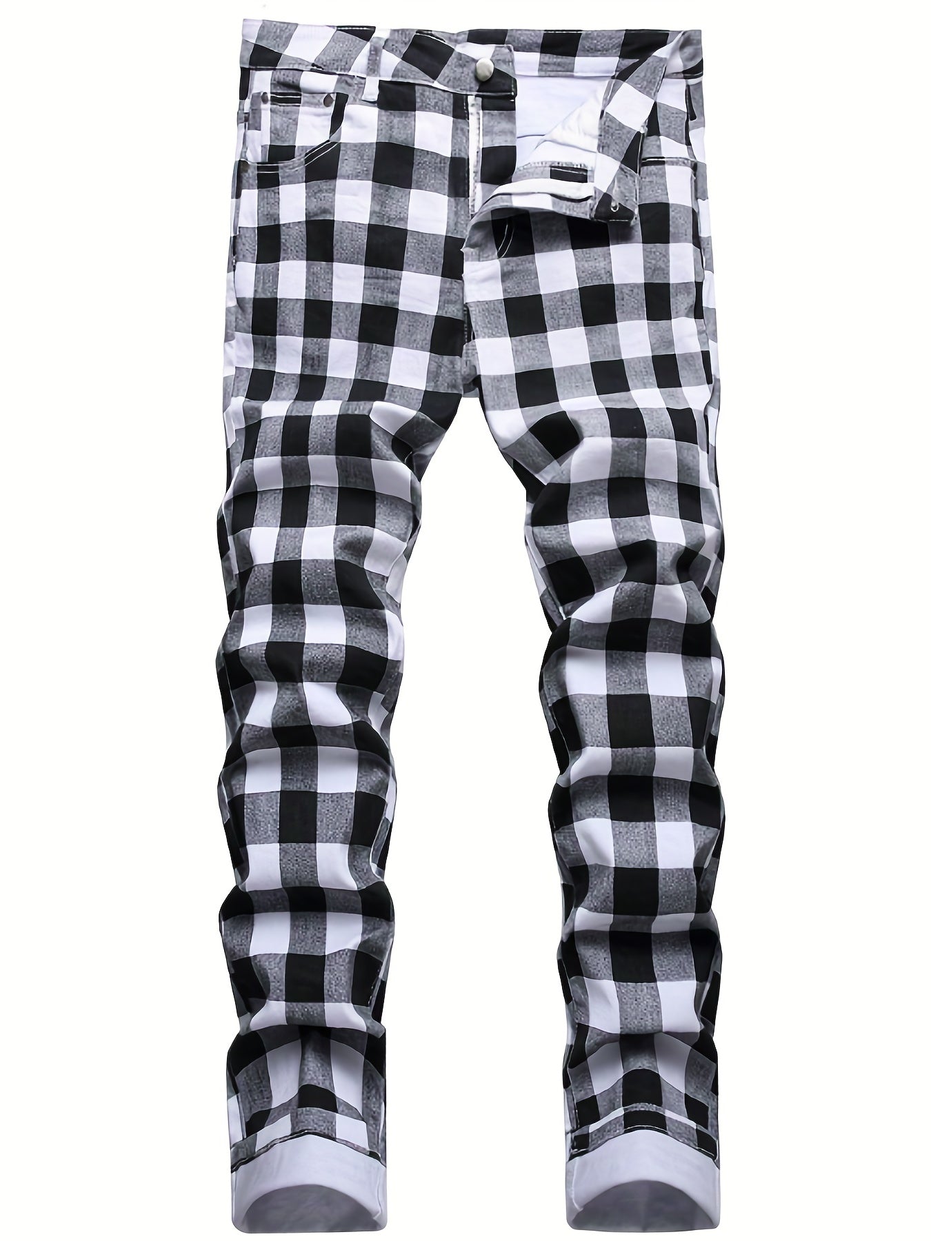 Plaid Slim Fit Jeans Mens Casual Stretch Denim Pants