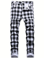 Plaid Slim Fit Jeans Mens Casual Stretch Denim Pants