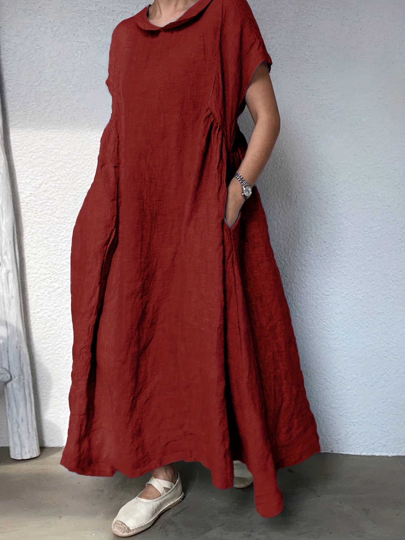 Solid Short Sleeve Maxi Dress With Pockets