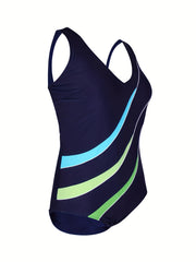 Stripe Print V Neck One Piece Swimsuit