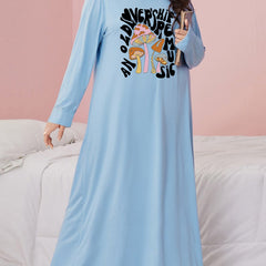 Casual Nightdress Women's Mushroom & Letter Print Long Sleeve