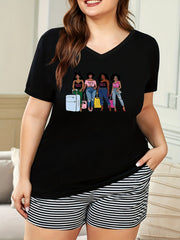Cartoon Print V Neck Pajama Top