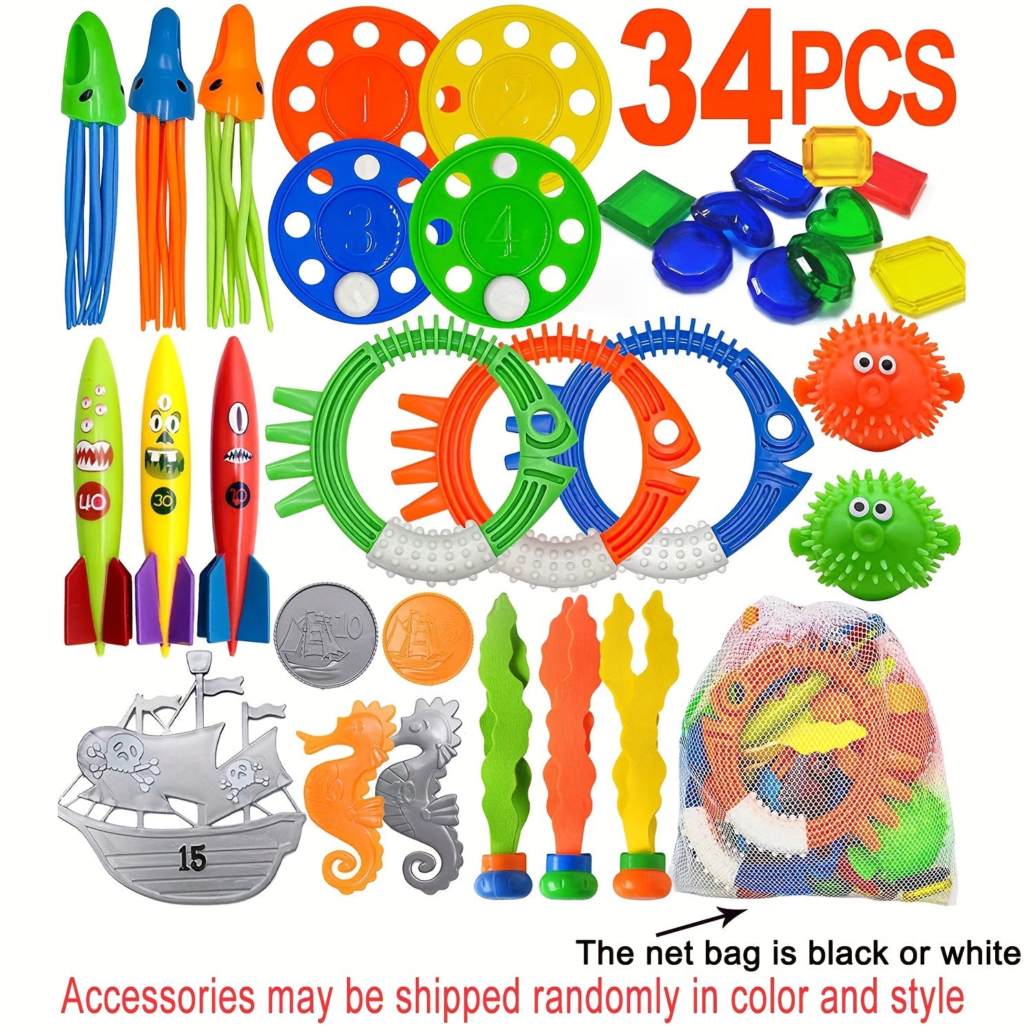 Diving Pool Toy Set - Underwater Swim Pool Games - Beach Dive Sticks Rings