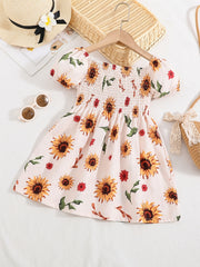 Girls Sunflower Print Princess Dress Kids Summer Clothes