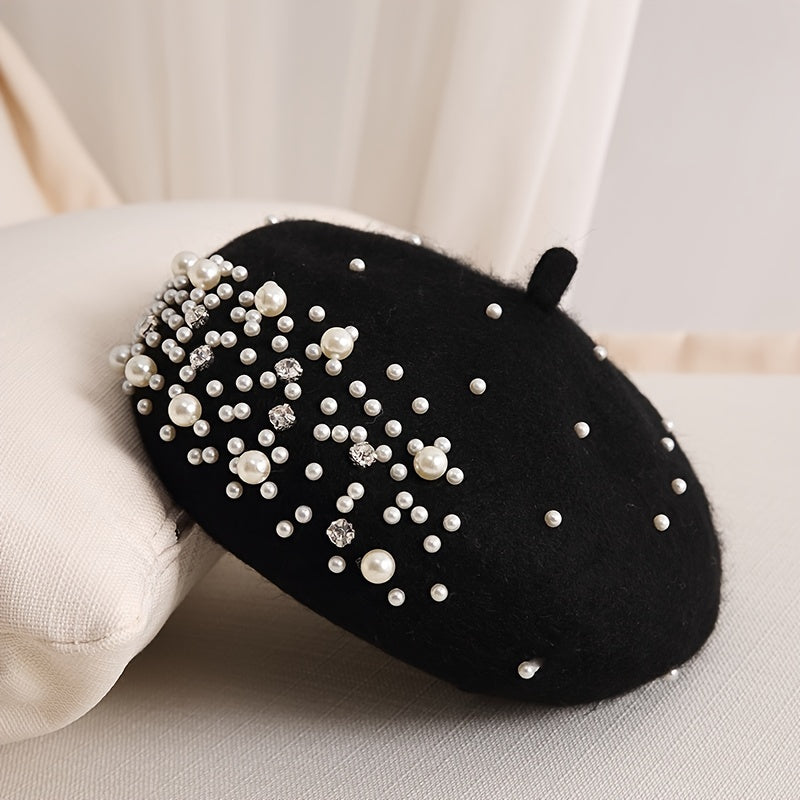 Faux Pearl Rhinestone Beret Winter Thermal Hat - Chinese New Year Gift
