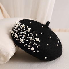 Faux Pearl Rhinestone Beret Winter Thermal Hat - Chinese New Year Gift