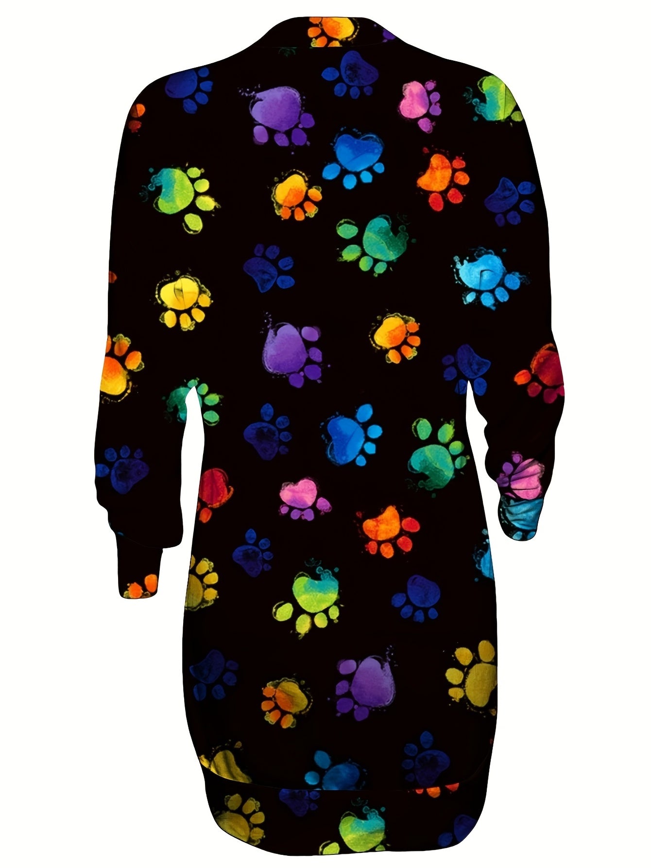 Colorful Dog Paw Print Long Sleeve Round Neck Dress