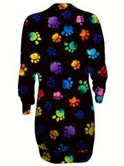 Colorful Dog Paw Print Long Sleeve Round Neck Dress