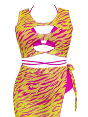 Stripe Print Bikini Set & Crop Top & Cover Up Skirt