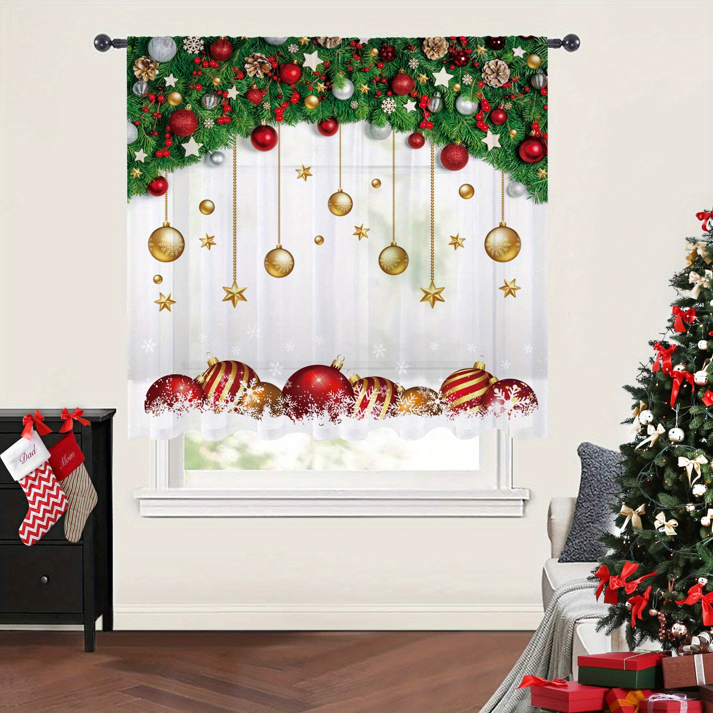 Golden Christmas Ball Printed Kitchen Curtain