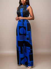 Graphic Print Cinched Tank Jumpsuit Sleeveless Button Front Jumpsuit