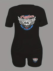 Letter Print Matching Two piece Set Casual Short Sleeve T shirt & Biker Shorts
