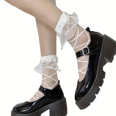 2 Pairs Lace Ruffle Socks Criss Cross Pattern Sheer Mid Tube Stockings