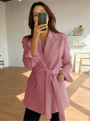 Lapel Neck Tie Waist Blazer Long Sleeve Blazer For Office & Work