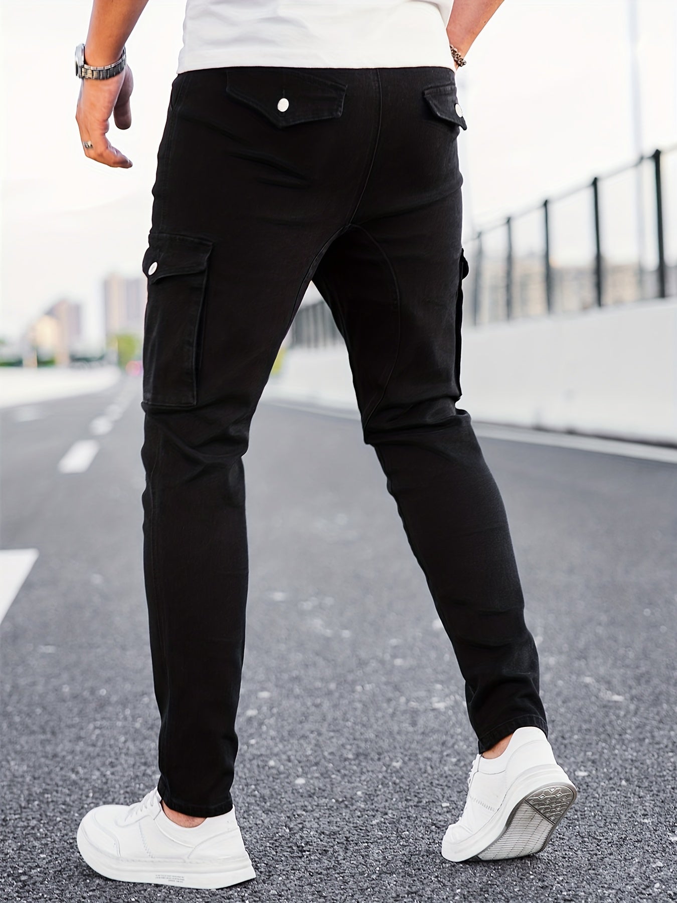 Slim Fit Cargo Jeans Mens Casual Pocket Solid Mid Stretch Jeans