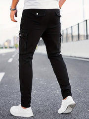 Slim Fit Cargo Jeans Mens Casual Pocket Solid Mid Stretch Jeans