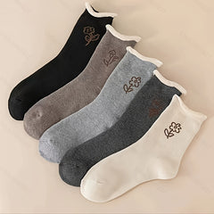 5 Pairs Women's Winter Floral Pattern Mid Calf Socks