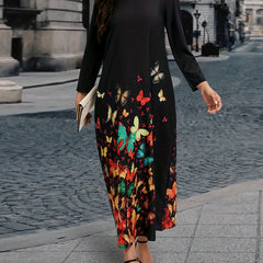 Butterfly Print Maxi Dress Casual Long Sleeve Dress Women's Clothing
