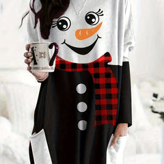 Snowman Print Long Sleeve Tee Dress With Pockets