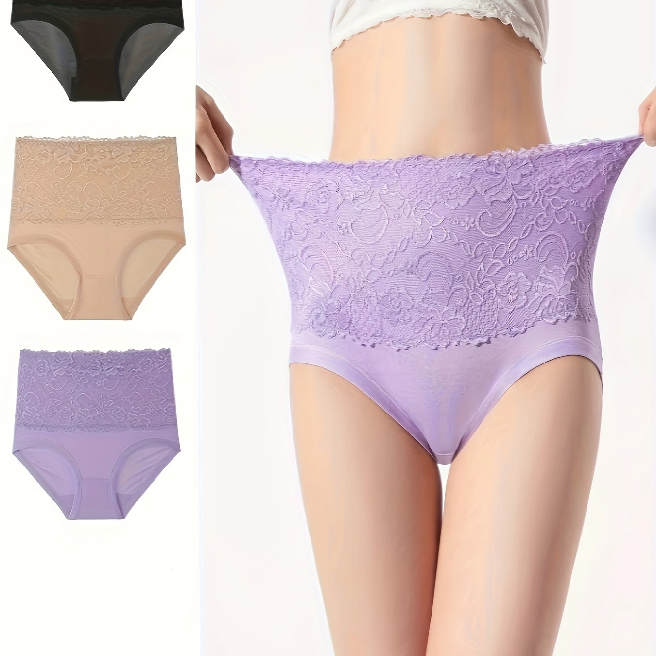 3pcs Lace Jacquard Briefs High Waist Panties Women's Lingerie