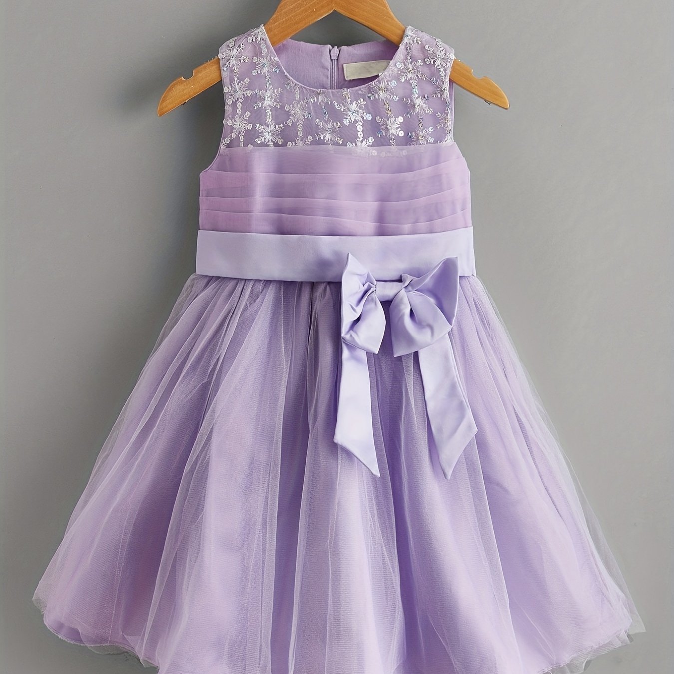 Toddler Girls Sleeveless Sequin Flowers Bow Front Mesh Princess Dress