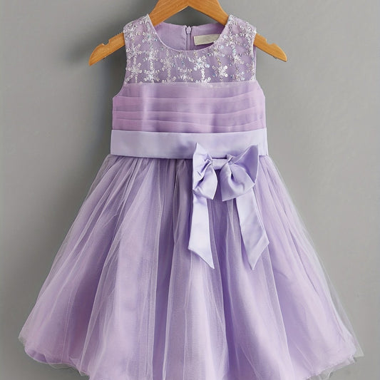 Toddler Girls Sleeveless Sequin Flowers Bow Front Mesh Princess Dress