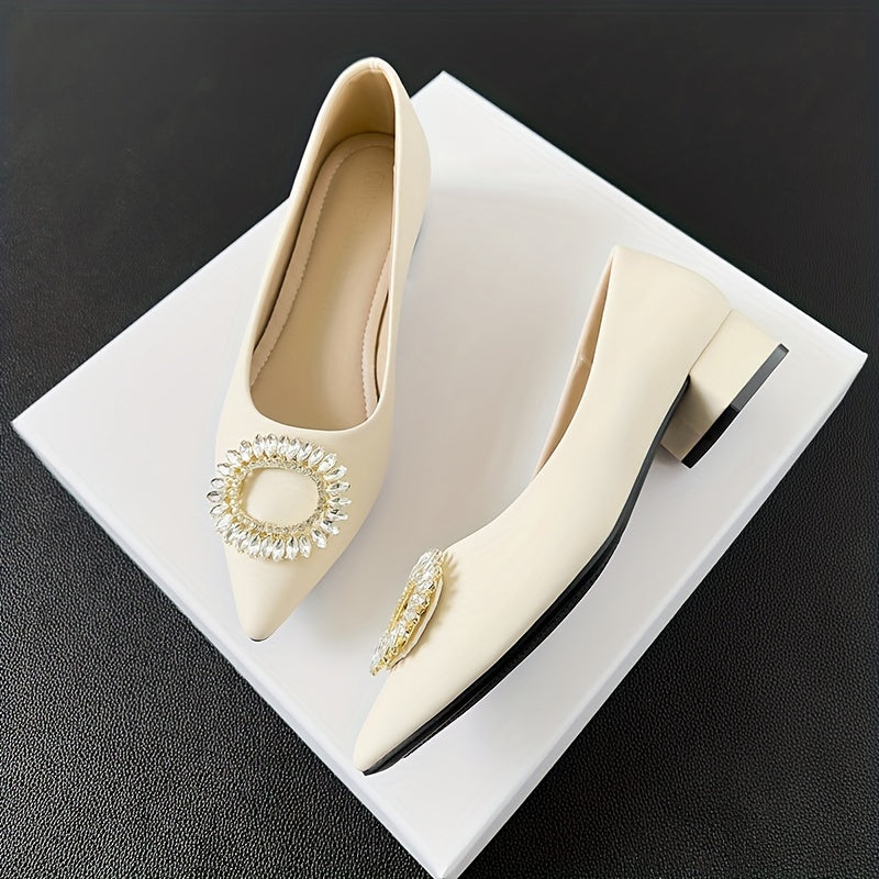 Rhinestone Decor Point Toe Slip-On Chunky Heel Dress Shoes