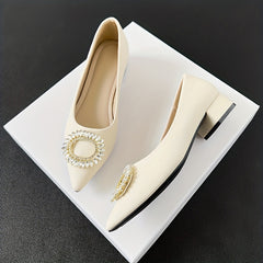 Rhinestone Decor Point Toe Slip-On Chunky Heel Dress Shoes