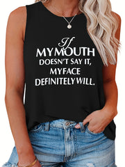 Women's Slogan Print Tank Top Round Neck Stretchy Casual Tee