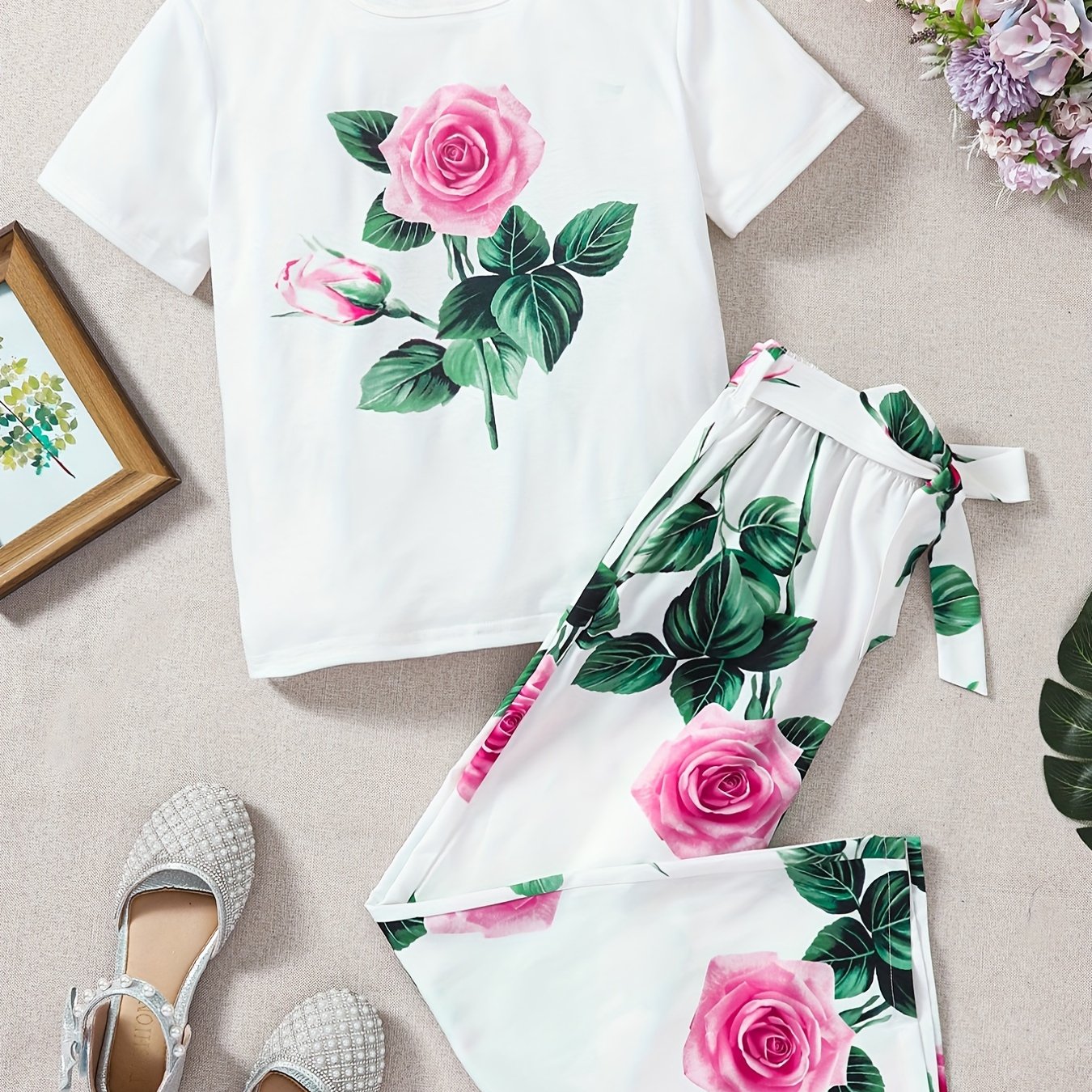 Girls Floral Print T-Shirt & Trousers Set with Belt