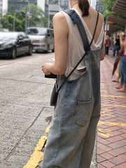 Loose Fit Denim Overalls Patch Pockets Non Stretch Adjustable Strap Versatile