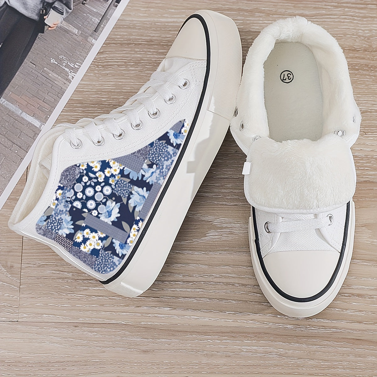 Girls High Top Floral Skate Shoes with Plush Lining