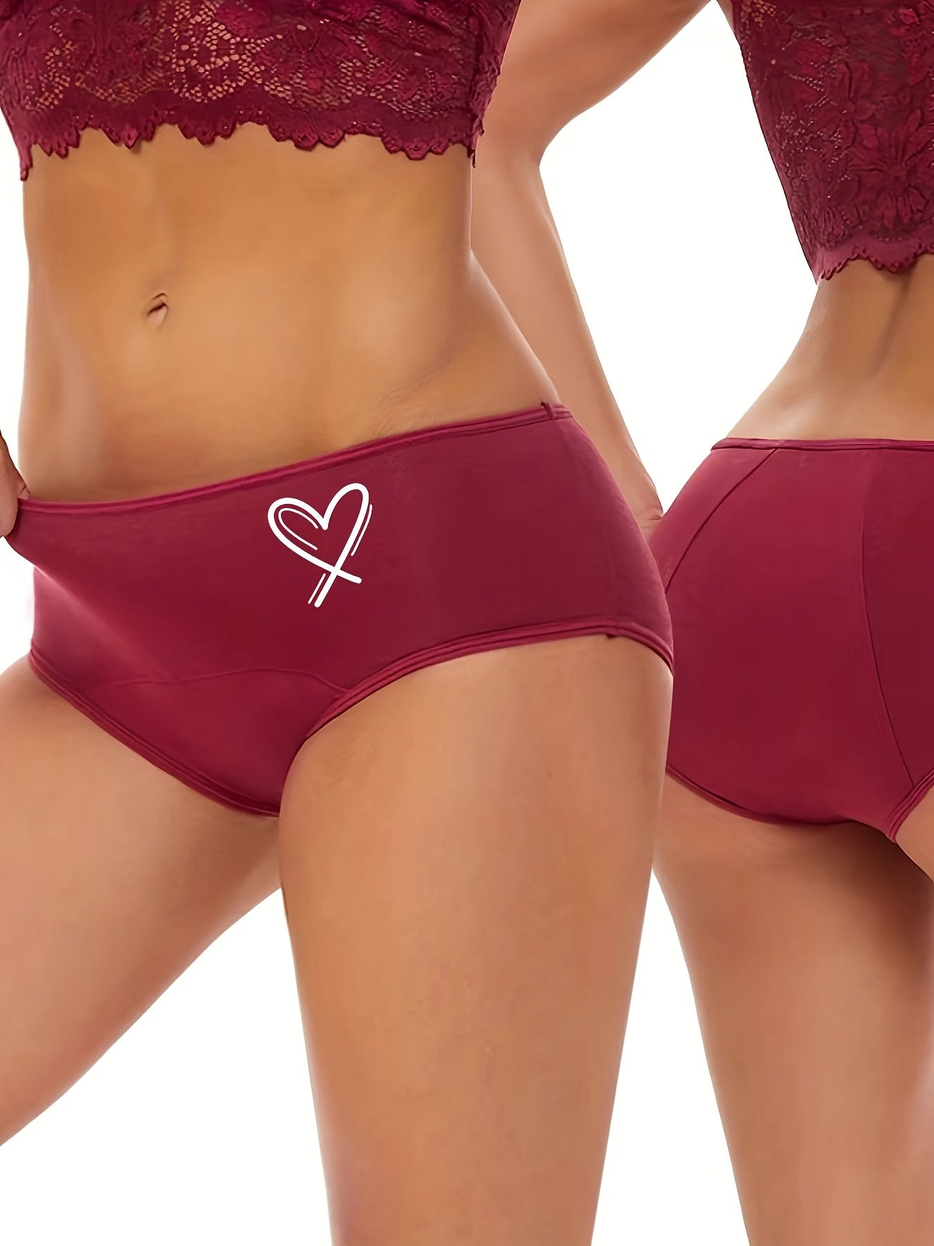 4 Pack Plus Size Panties Set Women's Plus Heart Print Leakproof Overnight