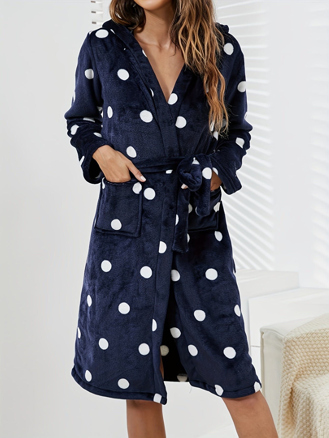 Polka Dot Fuzzy Night Robe Long Sleeve Hooded Robe