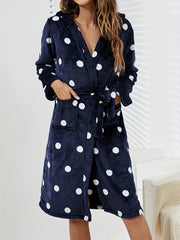 Polka Dot Fuzzy Night Robe Long Sleeve Hooded Robe