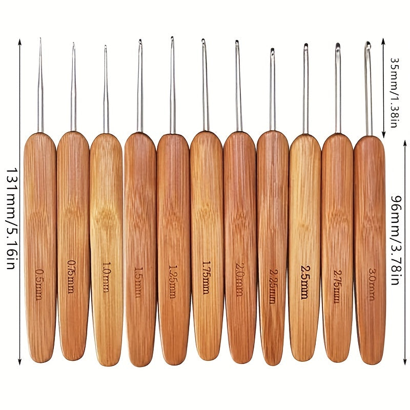 11pcs Bamboo Wood Handles Small Crochet Hooks for Fine Yarn & Lace Knitting