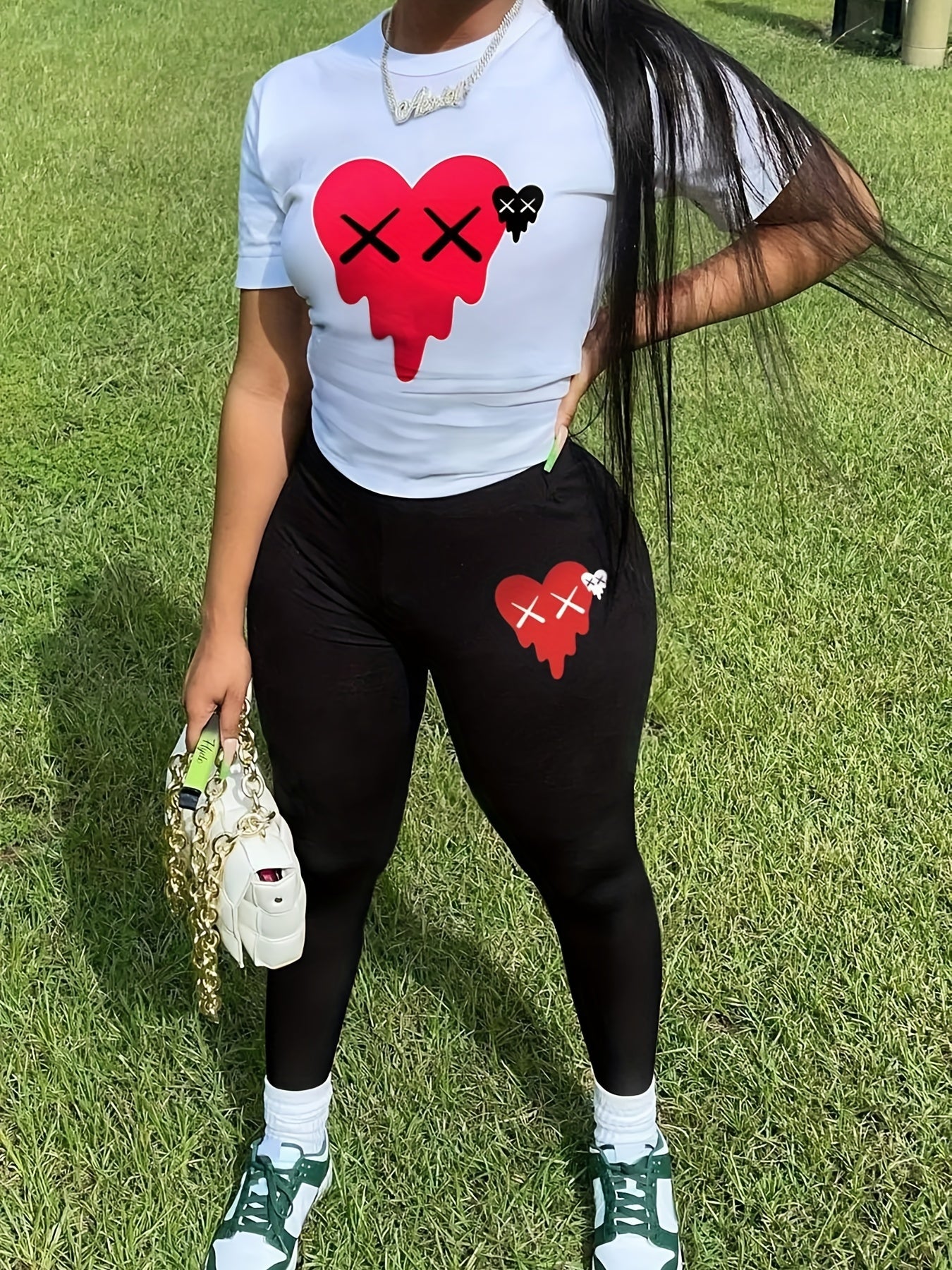Women's Plus Heart Print Crop Top & Pants Set